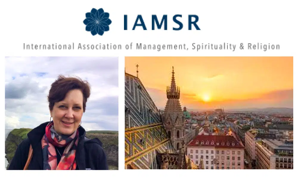 Deborah Rundlett and the logo of International Association of Management, Spirituality & Religion