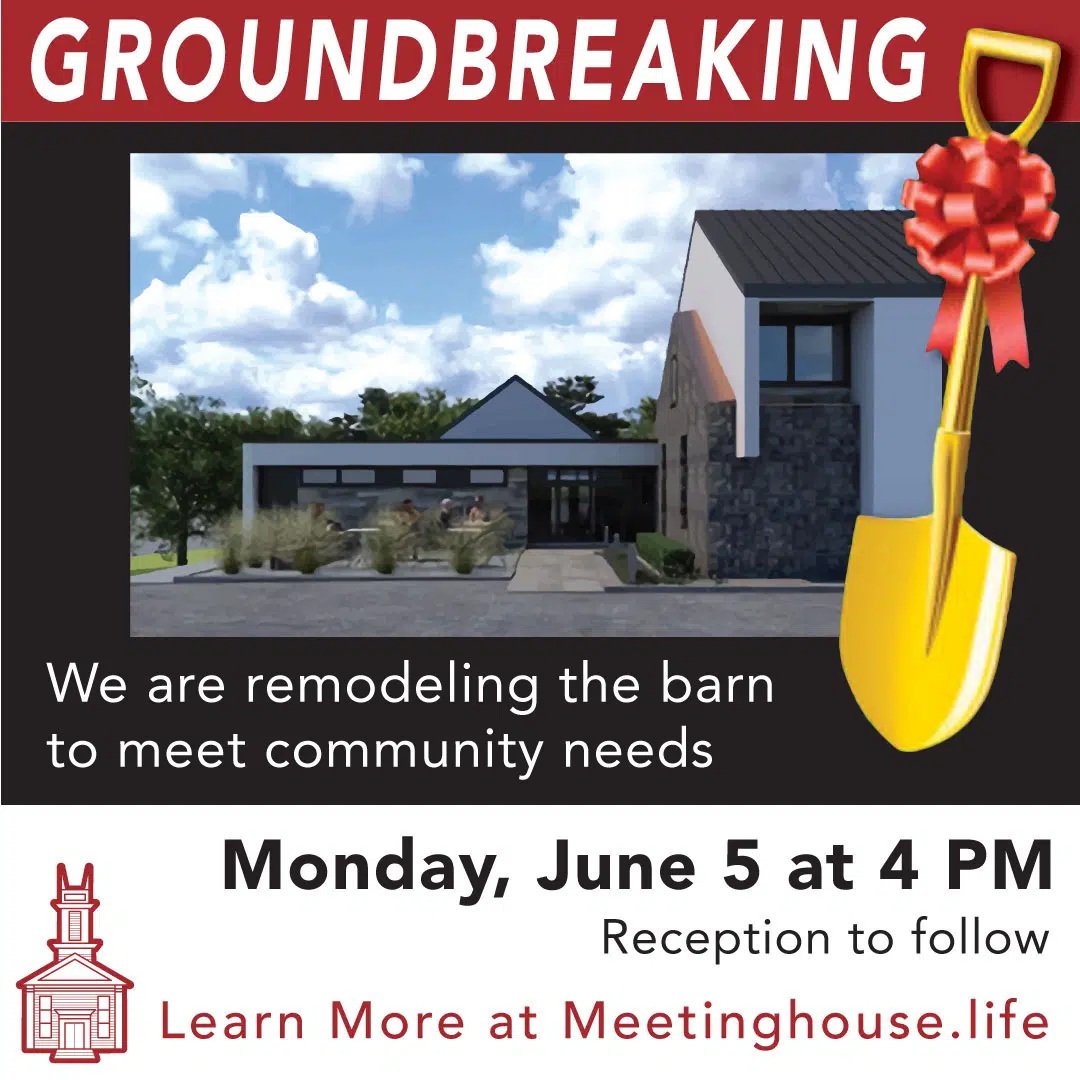 Groundbreaking with picture of building and shovel