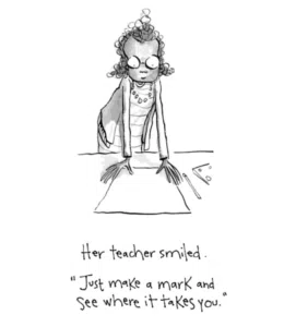 Illustration of a teacher and paper From "The Dot" by Peter H. Reynolds
